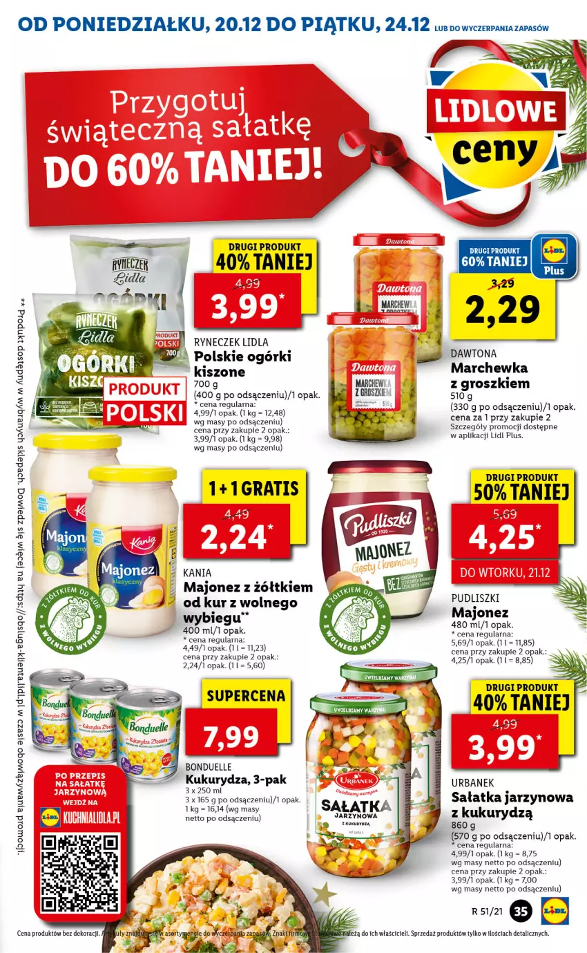 Gazetka promocyjna Lidl - GAZETKA - ważna 20.12 do 24.12.2021 - strona 35 - produkty: Bonduelle, Dawtona, Fa, Gra, Kukurydza, Majonez, Marchewka, Pudliszki, Sałat, Sałatka