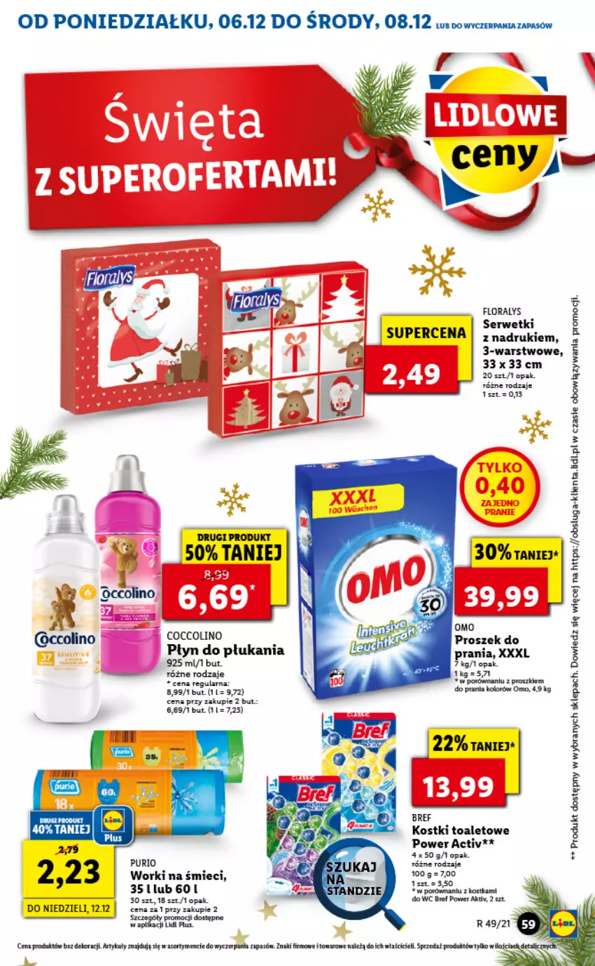 Gazetka promocyjna Lidl - GAZETKA - ważna 06.12 do 08.12.2021 - strona 59 - produkty: Bref, Coccolino, Fa, Flora, Płyn do płukania, Por, Proszek do prania, Pur, Ser, Serwetki, Worki na śmiec, Worki na śmieci