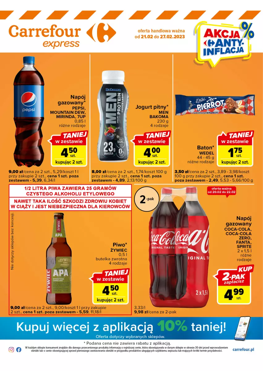 Gazetka promocyjna Carrefour - Gazetka Express - ważna 21.02 do 27.02.2023 - strona 1 - produkty: 7up, Bakoma, Baton, Coca-Cola, Fa, Fanta, Jogurt, Jogurt pitny, Kosz, Mirinda, Napój, Pepsi, Piwo, Sprite