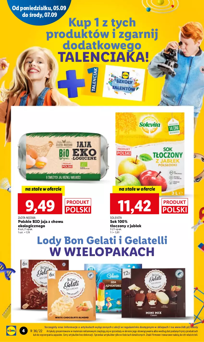 Gazetka promocyjna Lidl - GAZETKA - ważna 05.09 do 07.09.2022 - strona 4 - produkty: Jaja, Lody, Sok