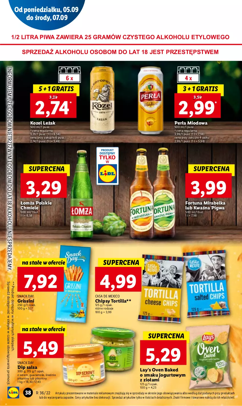 Gazetka promocyjna Lidl - GAZETKA - ważna 05.09 do 07.09.2022 - strona 42 - produkty: Amol, Chipsy, Fortuna, Gra, Grissini, Jogurt, Kozel, Lay’s, Perła, Piwa, Salsa, Ser, Tortilla