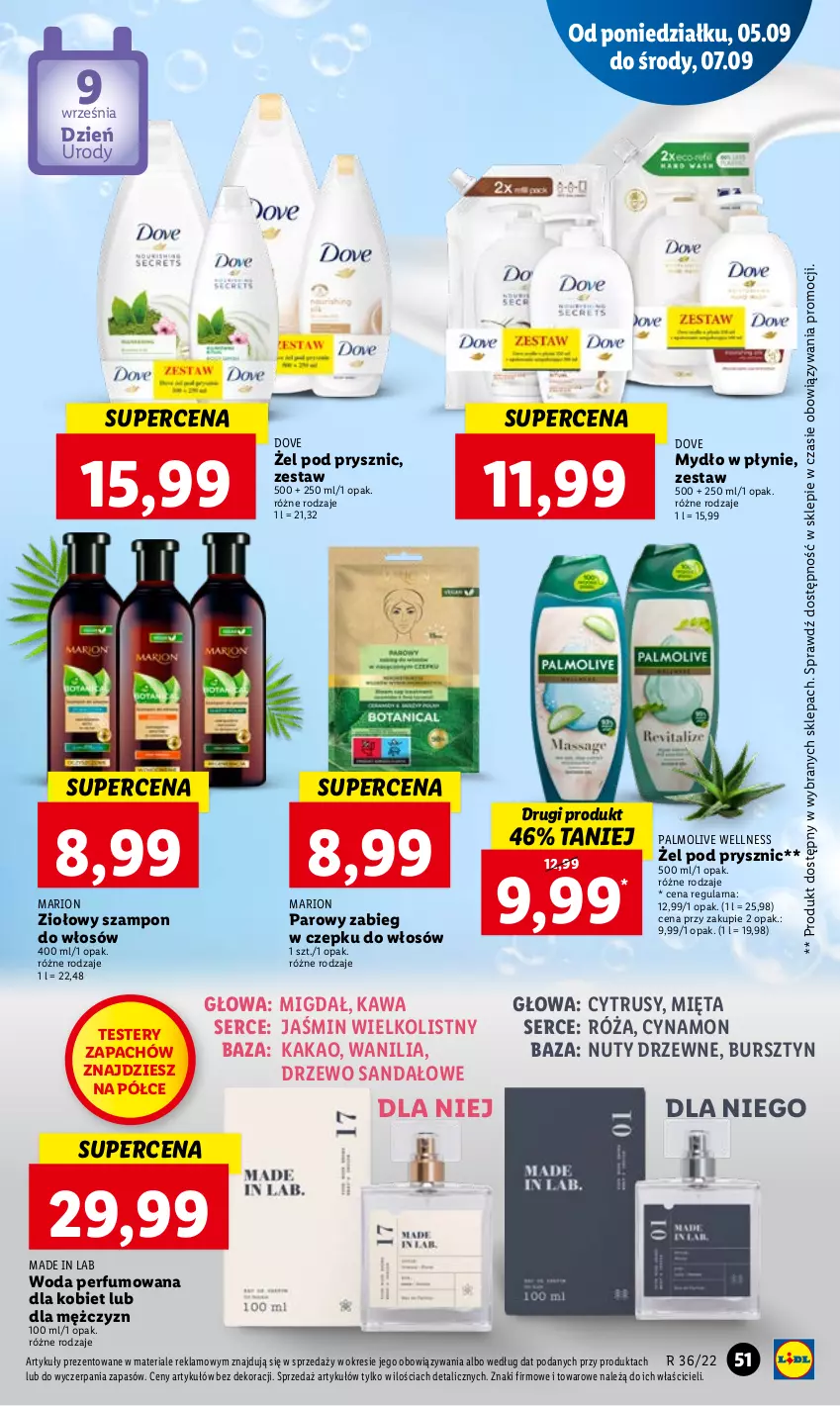 Gazetka promocyjna Lidl - GAZETKA - ważna 05.09 do 07.09.2022 - strona 55 - produkty: Bursztyn, Dove, Kakao, Kawa, Mięta, Mydło, Mydło w płynie, Nuty, Palmolive, Perfum, Róża, Sandał, Ser, Szampon, Woda, Woda perfumowana