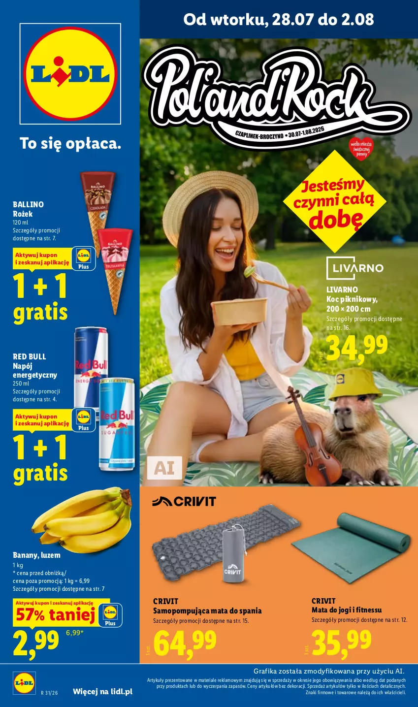 Gazetka promocyjna Lidl - Pol'and'Rock - ważna 28.07 do 01.08.2026 - strona 1 - produkty: Banany, Gra, Grafika, Ivar, Koc, Mata do jogi, Mop, Napój, Napój energetyczny, Red Bull