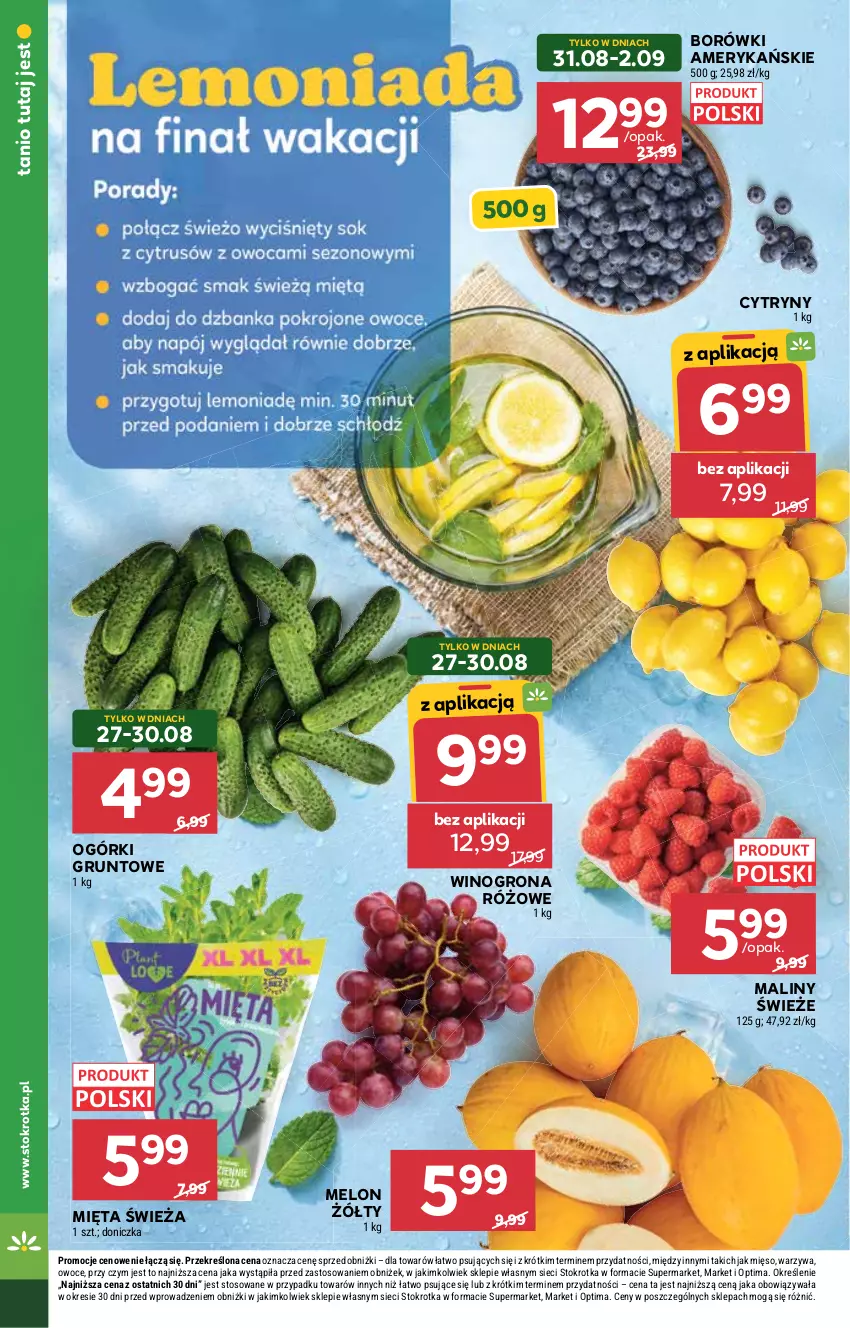 Gazetka promocyjna Stokrotka - Supermarket - ważna 27.08 do 02.09.2026 - strona 10 - produkty: Cytryny, Grunt, Maliny, Melon, Mięso, Mięta, Optima, Owoce, Warzywa, Wino, Winogrona