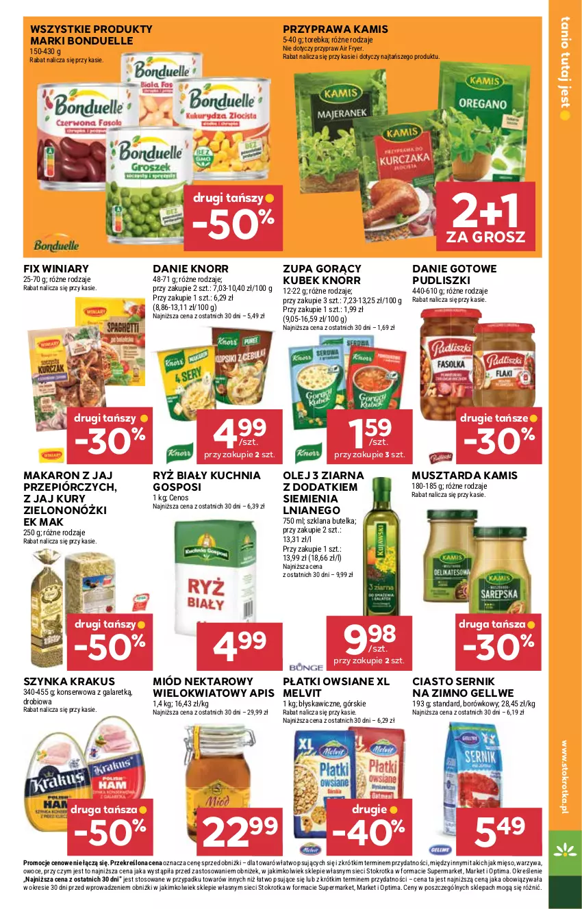 Gazetka promocyjna Stokrotka - Supermarket - ważna 27.08 do 02.09.2026 - strona 27 - produkty: Bonduelle, Cenos, Ciasto sernik, Danie gotowe, Gala, Kamis, Knorr, Krakus, Kubek, Kuchnia, LANA, Makaron, Melvit, Mięso, Miód, Mus, Musztarda, Nektar, Olej, Optima, Owoce, Płatki owsiane, Pudliszki, Ryż, Ryż biały, Ser, Szynka, Torebka, Warzywa, Winiary, Zupa