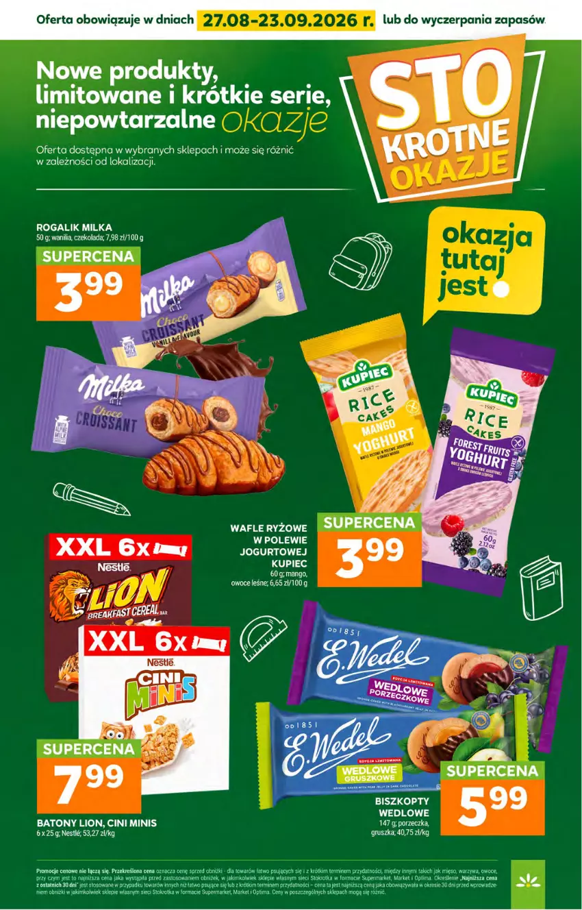 Gazetka promocyjna Stokrotka - Supermarket - ważna 27.08 do 02.09.2026 - strona 30 - produkty: Baton, Cini Minis, Czekolada, Fa, Lion, Mięso, Milka, Optima, Owoce, Por, Rogal, Ryż, Ser, Wafle, Warzywa