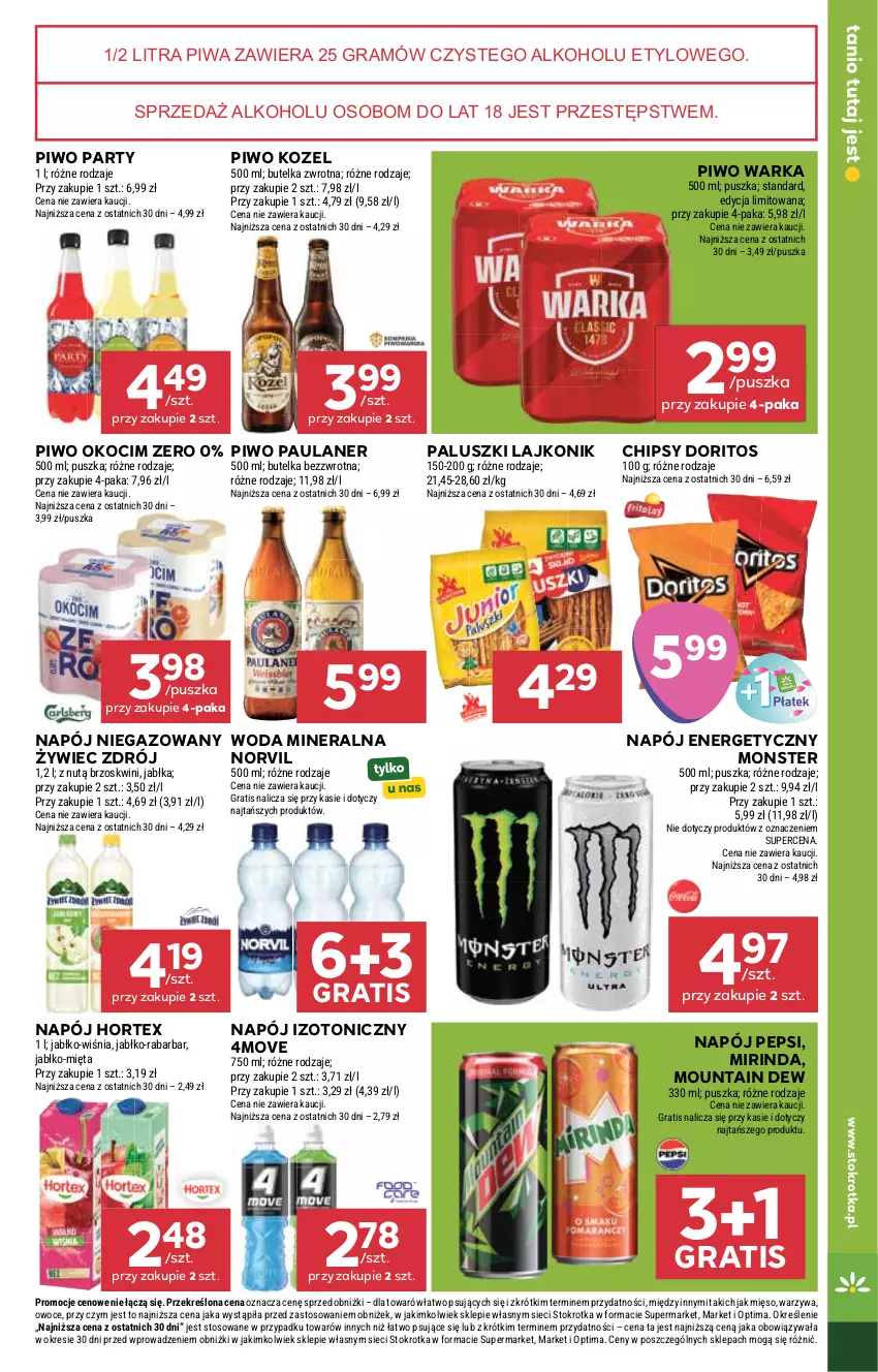 Gazetka promocyjna Stokrotka - Supermarket - ważna 27.08 do 02.09.2026 - strona 35 - produkty: Chipsy, Gra, Hortex, Jabłka, Koc, Kozel, Lajkonik, Mięso, Mięta, Mirinda, Napój, Napój energetyczny, Napój izotoniczny, Napój niegazowany, Okocim, Optima, Owoce, Pepsi, Piwa, Piwo, Warka, Warzywa, Woda, Woda mineralna