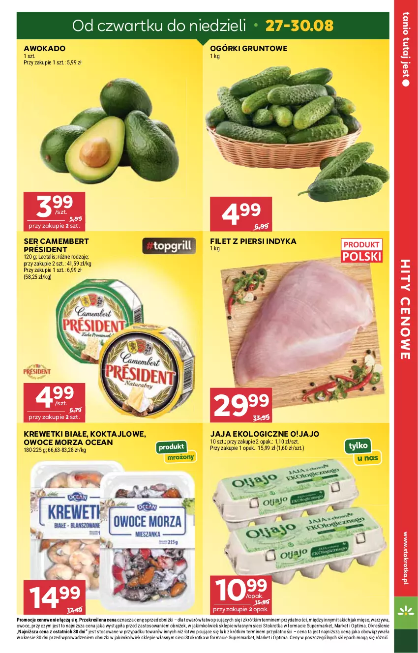 Gazetka promocyjna Stokrotka - Supermarket - ważna 27.08 do 02.09.2026 - strona 5 - produkty: Camembert, Filet z piersi indyka, Grunt, Jaja, Krewetki, Mięso, Optima, Owoce, Owoce morza, Président, Ser, Warzywa