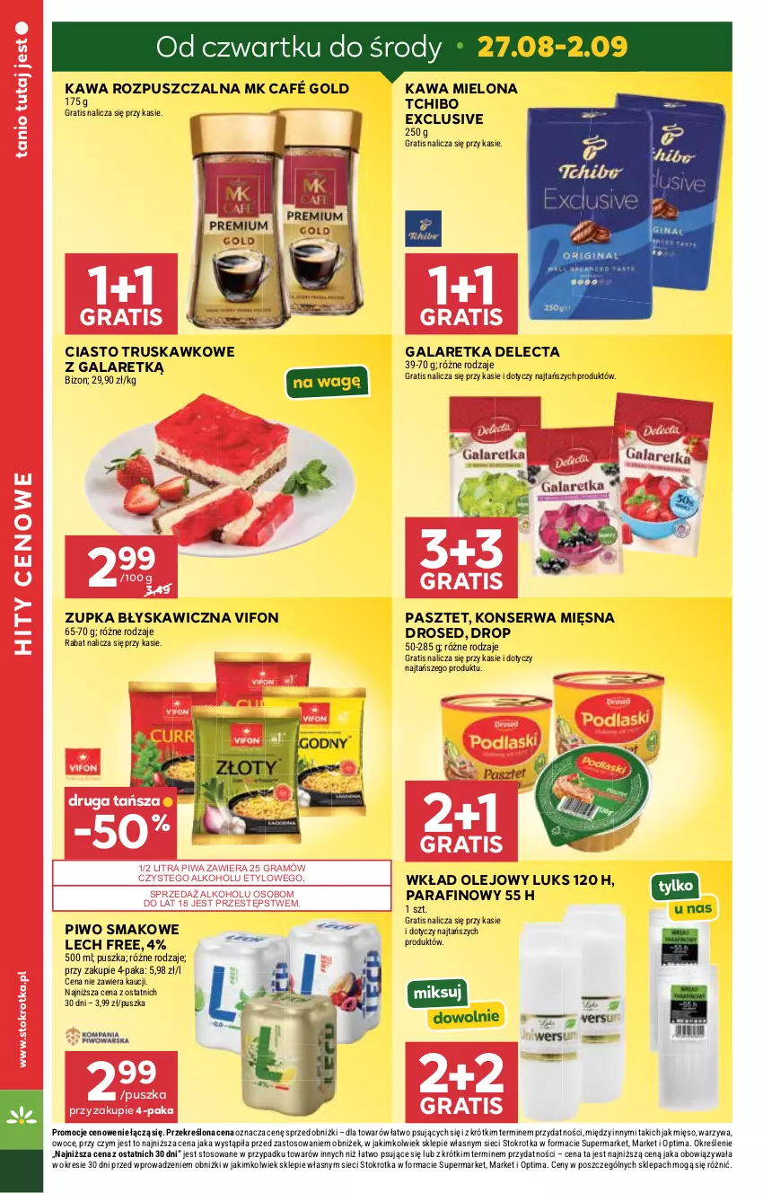 Gazetka promocyjna Stokrotka - Supermarket - ważna 27.08 do 02.09.2026 - strona 6 - produkty: Delecta, Gala, Galaretka, Gra, Kawa, Kawa mielona, Kawa rozpuszczalna, Mięso, Olej, Optima, Owoce, Pasztet, Piwa, Piwo, Ser, Tchibo, Warzywa, Wkład olejowy