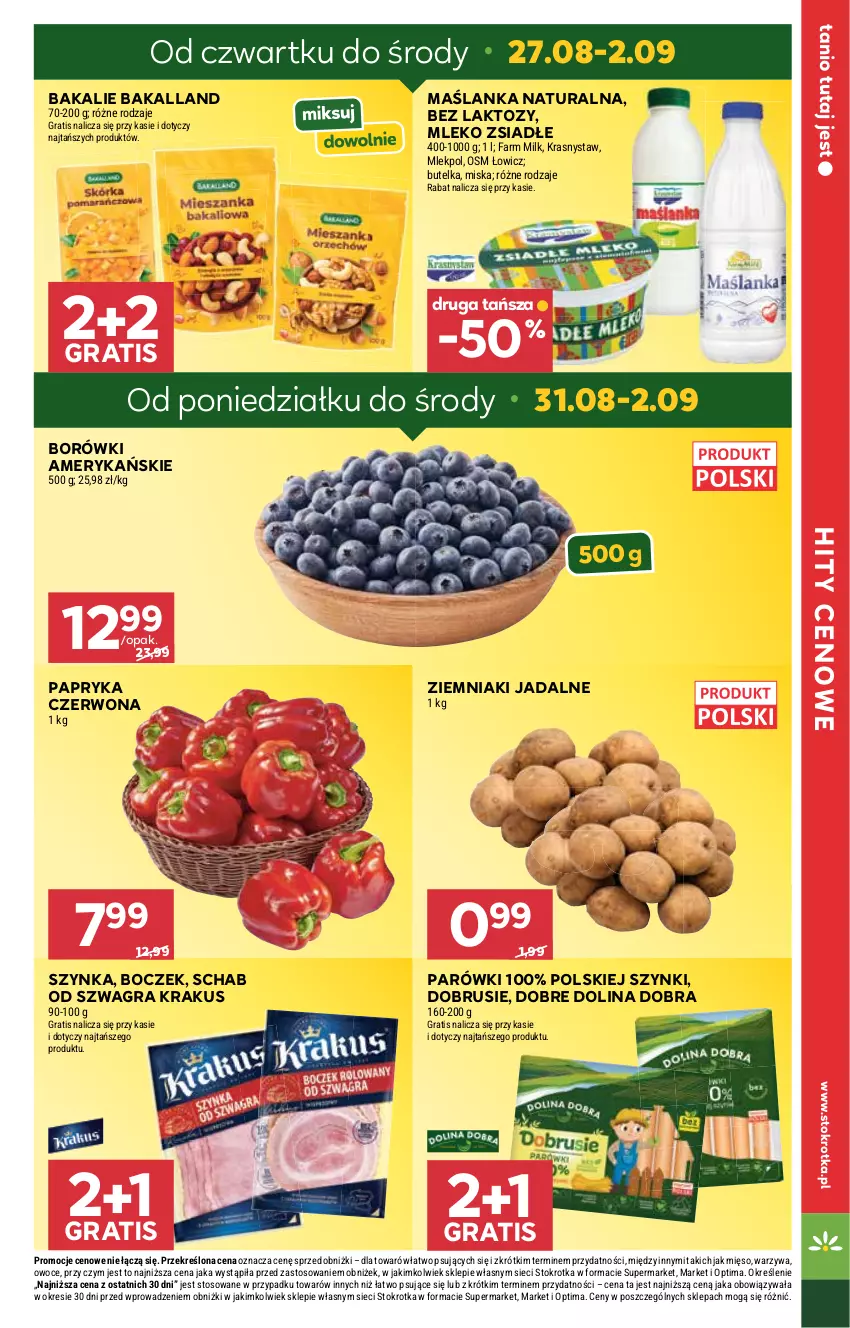 Gazetka promocyjna Stokrotka - Supermarket - ważna 27.08 do 02.09.2026 - strona 7 - produkty: Bakalland, Boczek, Fa, Farm Milk, Gra, Krakus, Maślanka, Mięso, Miska, Mleko, Mleko zsiadłe, Obrus, Optima, Owoce, Papryka, Papryka czerwona, Parówki, Szynka, Warzywa, Ziemniaki