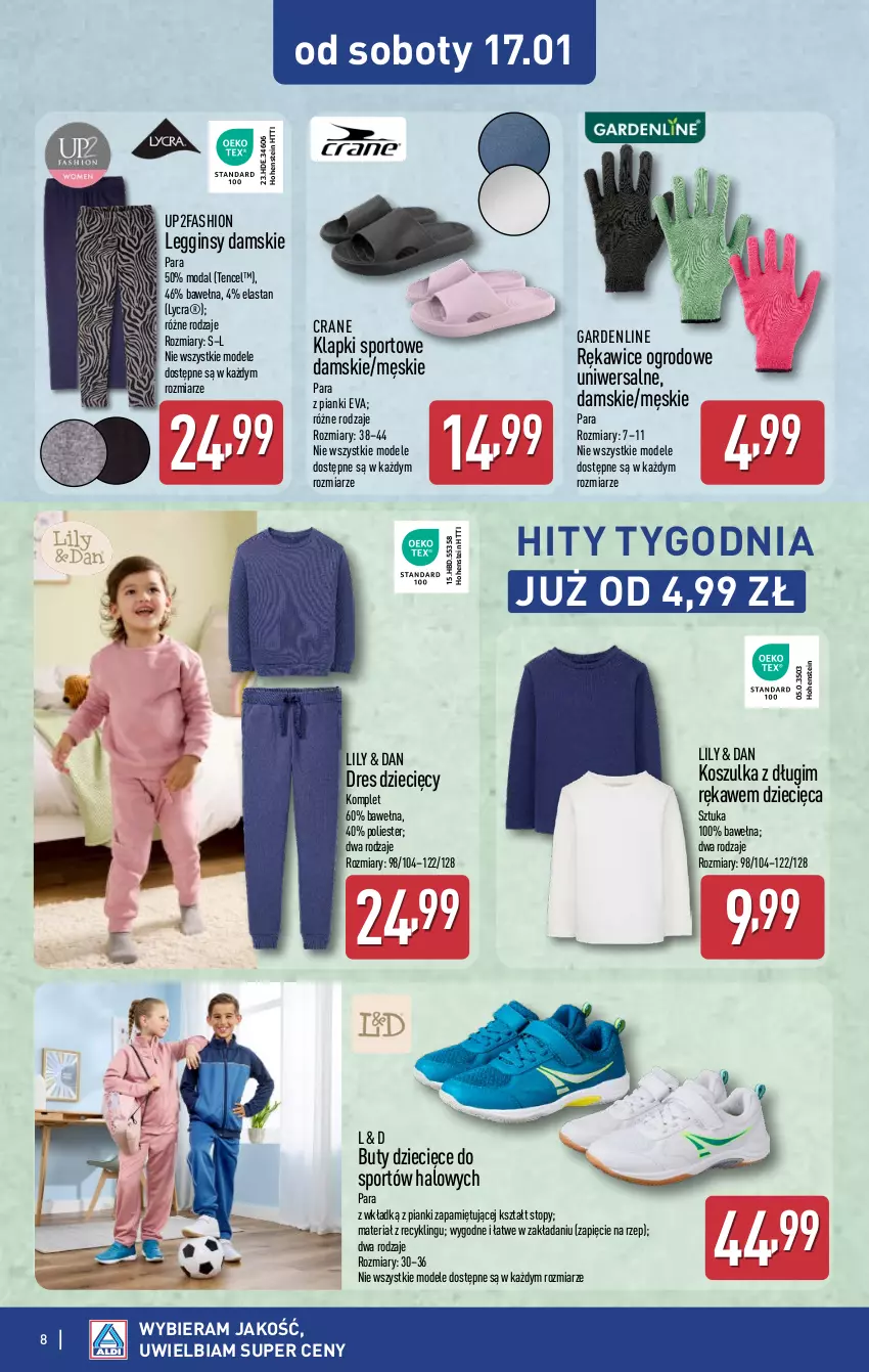 Gazetka promocyjna Aldi - Artykuły przemysłowe i tekstylia - ważna 14.01 do 17.01.2026 - strona 8 - produkty: Buty, Dres, Dzieci, Fa, Gin, Halo, Klapki, Kosz, Koszulka, Legginsy, Moda, Por, Rękawice, Sport, Top, Wełna