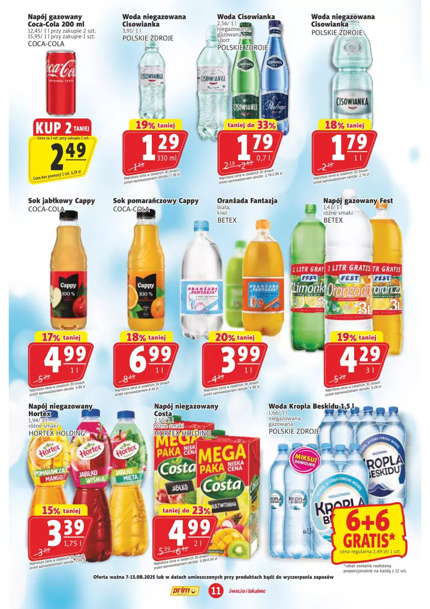 Gazetka promocyjna Prim Market - ważna 07.08 do 13.08.2025 - strona 11 - produkty: Cappy, Cisowianka, Coca-Cola, Fa, Fanta, Hortex, Napój, Napój gazowany, Napój niegazowany, Por, Sok, Sok jabłkowy, Sok pomarańczowy, Sport, Woda, Woda niegazowana
