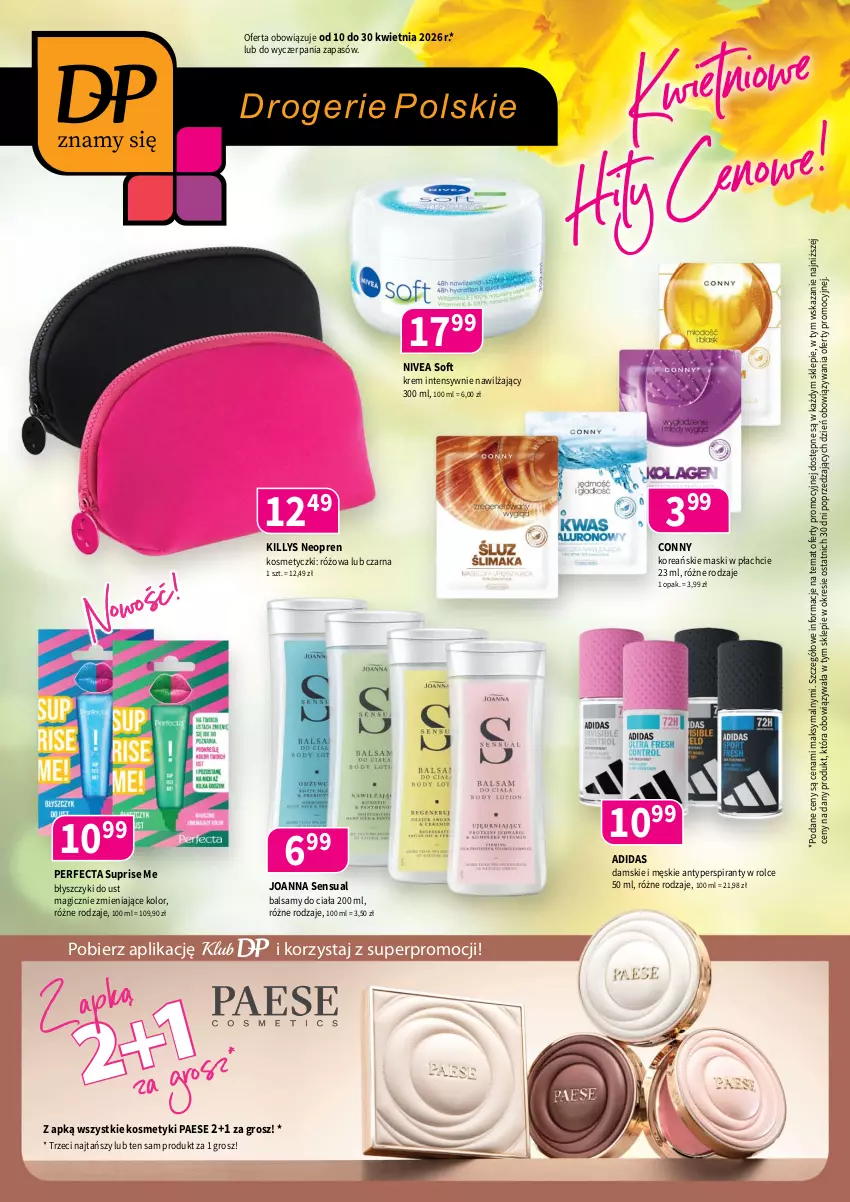 Gazetka promocyjna Drogerie Polskie - Gazetka - ważna 10.04 do 30.04.2026 - strona 1 - produkty: Adidas, Antyperspirant, Joanna, Killys, Nivea, PAESE, Perfecta, Sensual