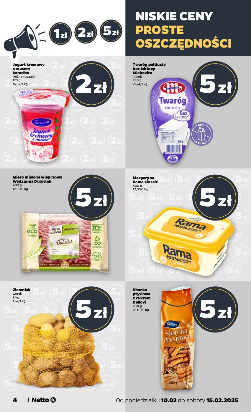 Gazetka promocyjna Netto - Od Poniedziałku - ważna 10.02 do 15.02.2025 - strona 4 - produkty: Dell, Jogurt, Lovi, Margaryna, Mięso, Mięso mielone, Mleko, Mlekovita, Mus, Rama, Twaróg, Twaróg półtłusty