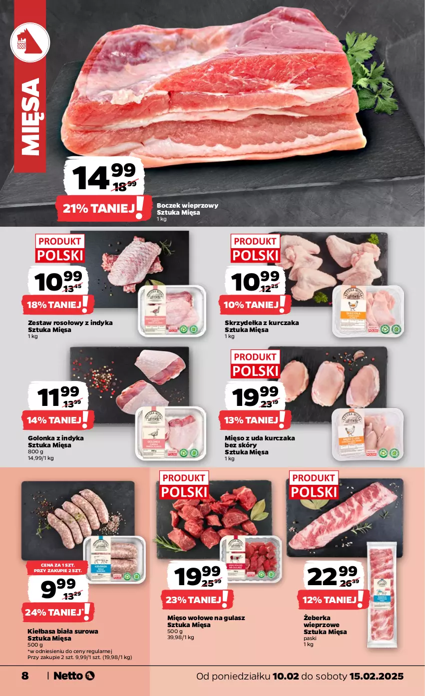 Gazetka promocyjna Netto - Od Poniedziałku - ważna 10.02 do 15.02.2025 - strona 8 - produkty: Boczek, Boczek wieprzowy, Golonka z indyka, Kiełbasa, Kiełbasa biała, Kurczak, Mięso, Mięso wołowe, Mięso z uda kurczaka, Skrzydełka z kurczaka