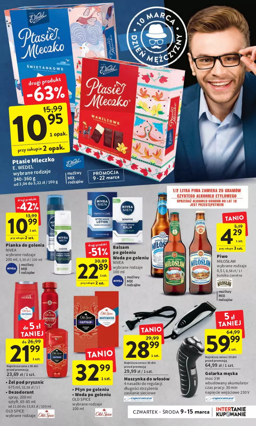 Gazetka promocyjna Intermarche - Gazetka Intermarche - ważna 09.03 do 15.03.2023 - strona 13 - produkty: Akumulator, Balsam po goleniu, Dezodorant, E. Wedel, Golarka, Maszynka, Mleczko, Nivea, Old Spice, Pianka do golenia, Piwo, Ptasie mleczko, Silan, Szynka, Woda, Woda po goleniu