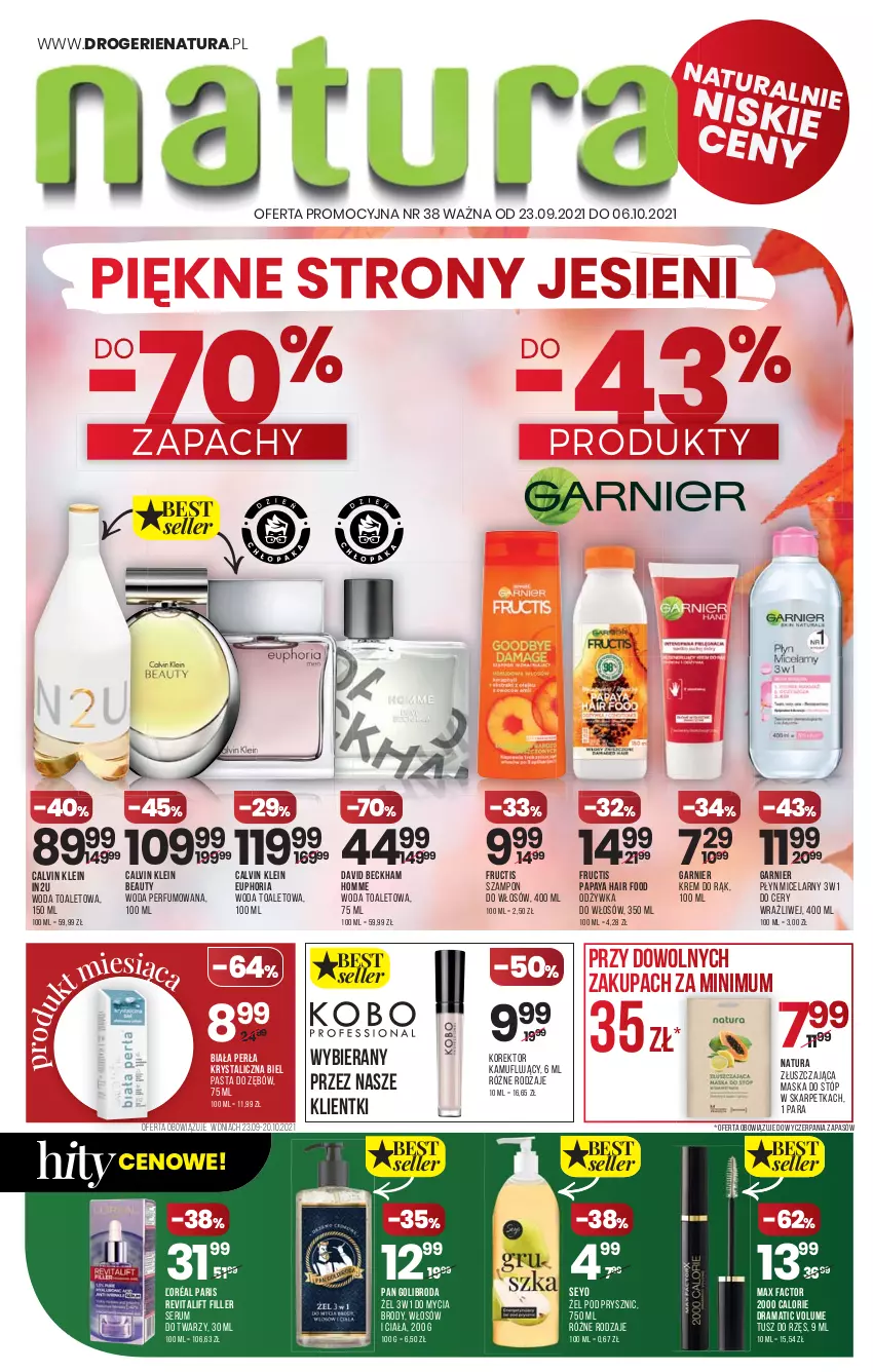 Gazetka promocyjna Drogerie Natura - Gazetka Drogerie Natura - ważna 23.09 do 06.10.2021 - strona 1 - produkty: Calvin Klein, David Beckham, Fa, Fructis, Garnier, Karp, Krem do rąk, Maska, Maska do stóp, Max Factor, Odżywka, Pasta do zębów, Perfum, Perła, Płyn micelarny, Rama, Rum, Ser, Serum, Serum do twarzy, Szampon, Tusz, Woda, Woda perfumowana, Woda toaletowa