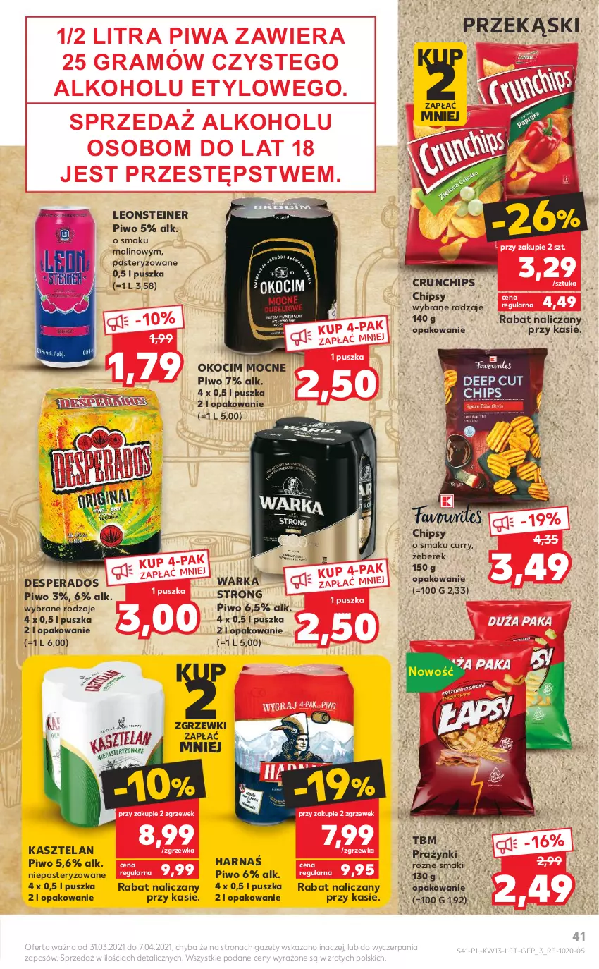 Gazetka promocyjna Kaufland - OFERTA TYGODNIA - ważna 31.03 do 07.04.2021 - strona 41 - produkty: Chipsy, Crunchips, Desperados, Gra, Harnaś, Kasztelan, Koc, Leon, Okocim, Piwa, Piwo, Warka