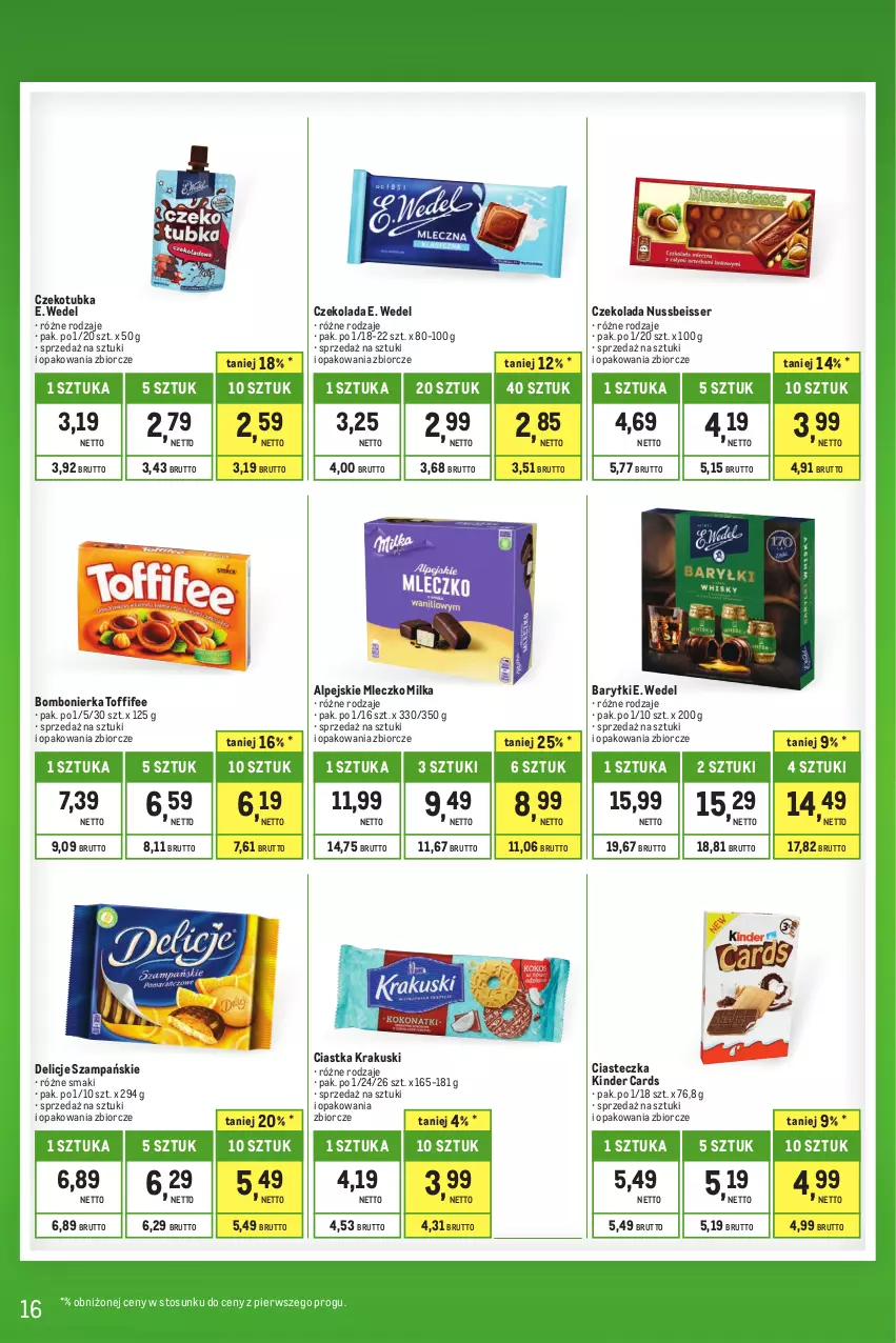 Gazetka promocyjna Makro - Kupujesz więcej płacisz mniej - oferta z alkoholem - ważna 01.06 do 30.06.2023 - strona 16 - produkty: Baryłki, Ciastka, Czekolada, Delicje, E. Wedel, Kinder, Krakus, Krakuski, Milka, Mleczko, Ser, Toffifee