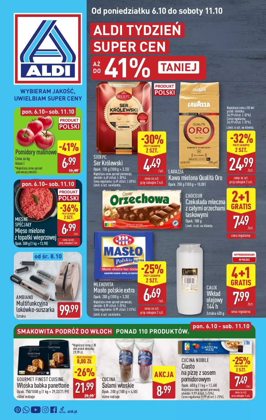 Gazetka promocyjna Aldi - Pełna oferta - ważna 06.10 do 11.10.2025 - strona 1 - produkty: Babka, Czekolada, Czekolada mleczna, Gra, Kawa, Kawa mielona, Królewski, Lavazza, Masło, Mięsne specjały, Mięso, Mięso mielone, Mięso mielone z łopatki wieprzowej, Mleko, Mlekovita, Olej, Pomidory, Salami, Ser, Smakowita, Sos, Suszarka, Wkład olejowy