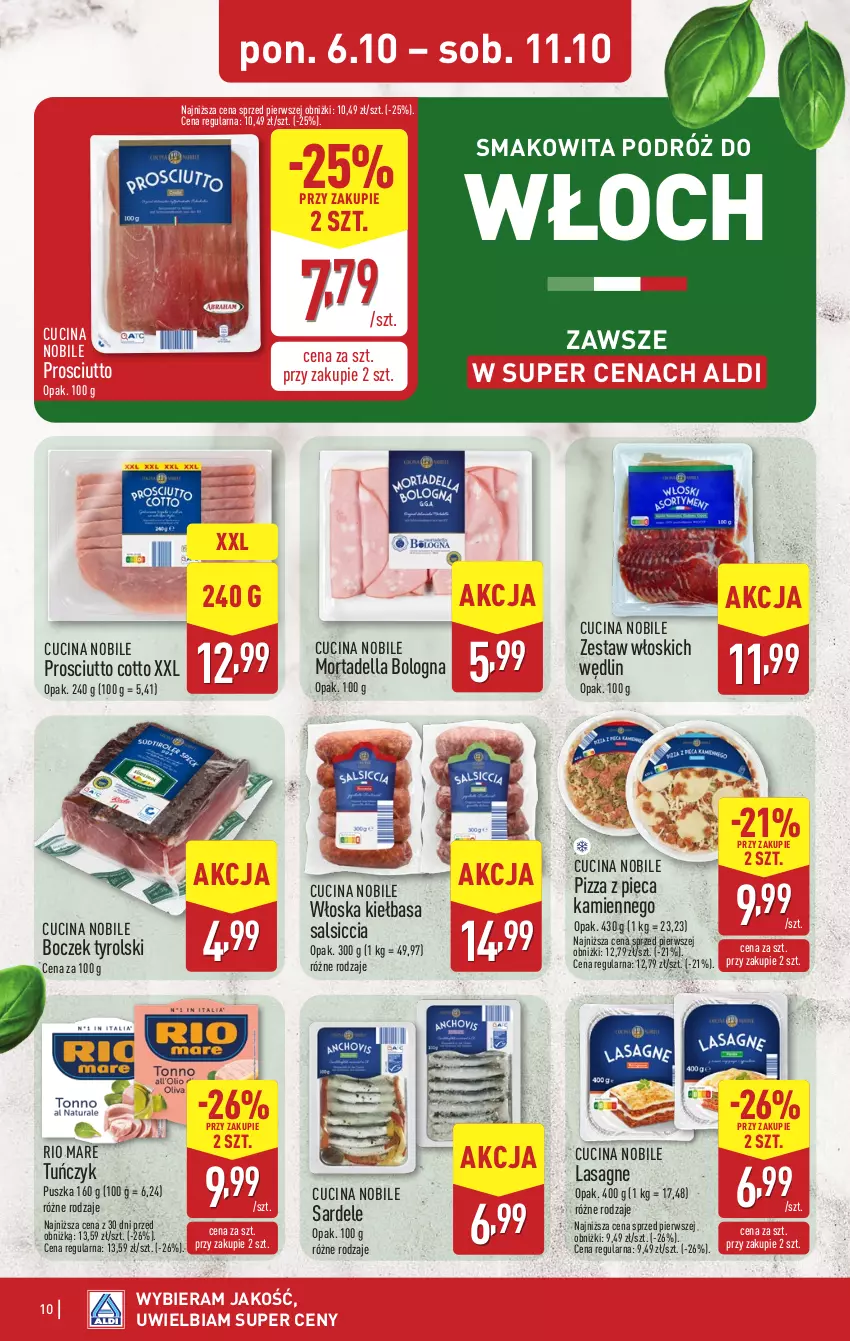 Gazetka promocyjna Aldi - Pełna oferta - ważna 06.10 do 11.10.2025 - strona 10 - produkty: Boczek, Dell, Kiełbasa, Lasagne, Mortadella, Piec, Pizza, Pizza z pieca kamiennego, Prosciutto, Rio Mare, Smakowita, Tuńczyk