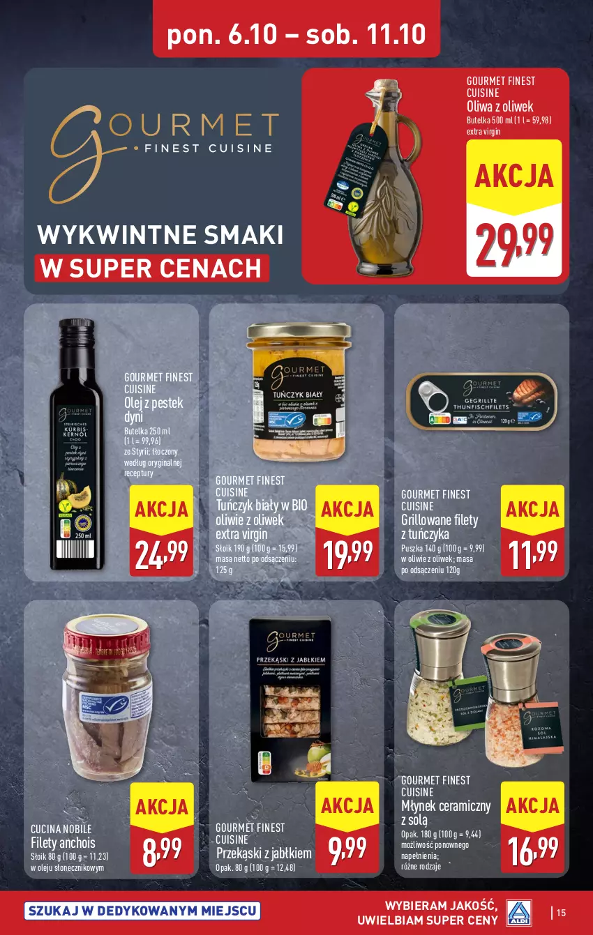 Gazetka promocyjna Aldi - Pełna oferta - ważna 06.10 do 11.10.2025 - strona 15 - produkty: Gin, Grill, Młynek, Olej, Oliwa, Oliwa z oliwek, Stek, Tuńczyk