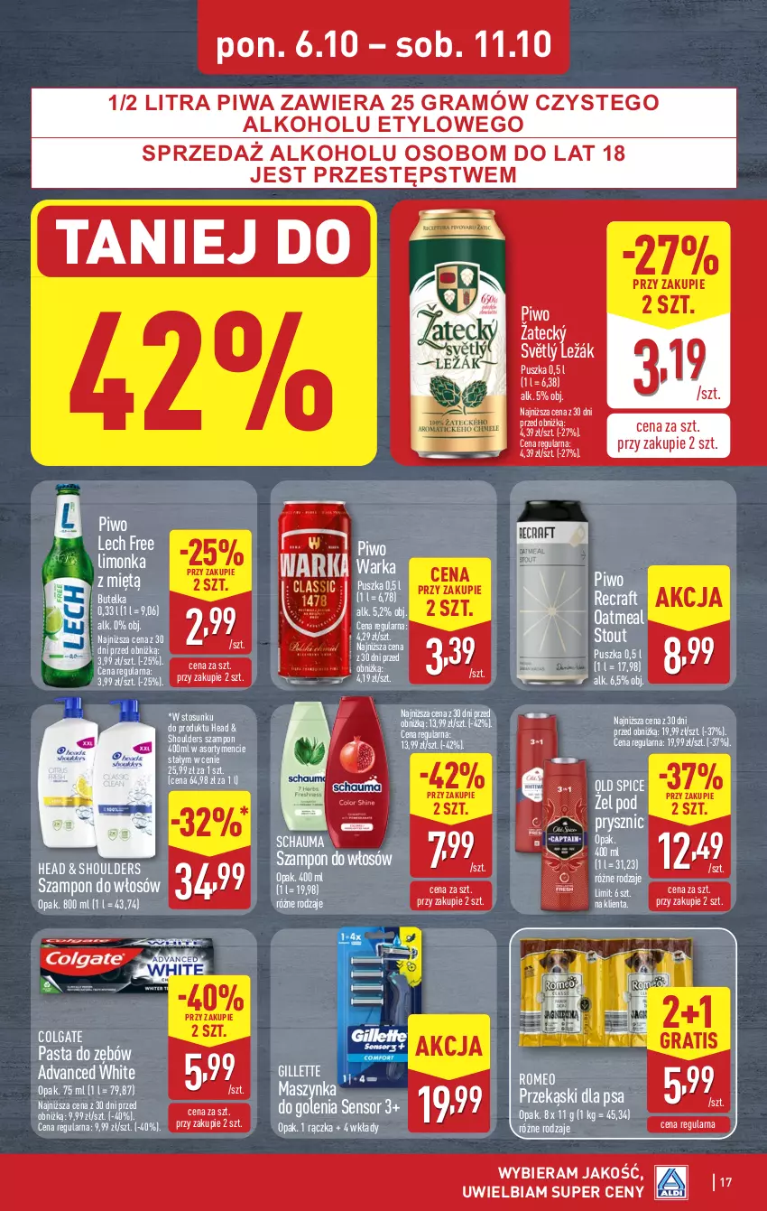 Gazetka promocyjna Aldi - Pełna oferta - ważna 06.10 do 11.10.2025 - strona 17 - produkty: Colgate, Gillette, Gra, LG, Limonka, Maszynka, Maszynka do golenia, Old Spice, Pasta do zębów, Piwa, Piwo, Przekąski dla psa, Schauma, Szampon, Szynka, Warka