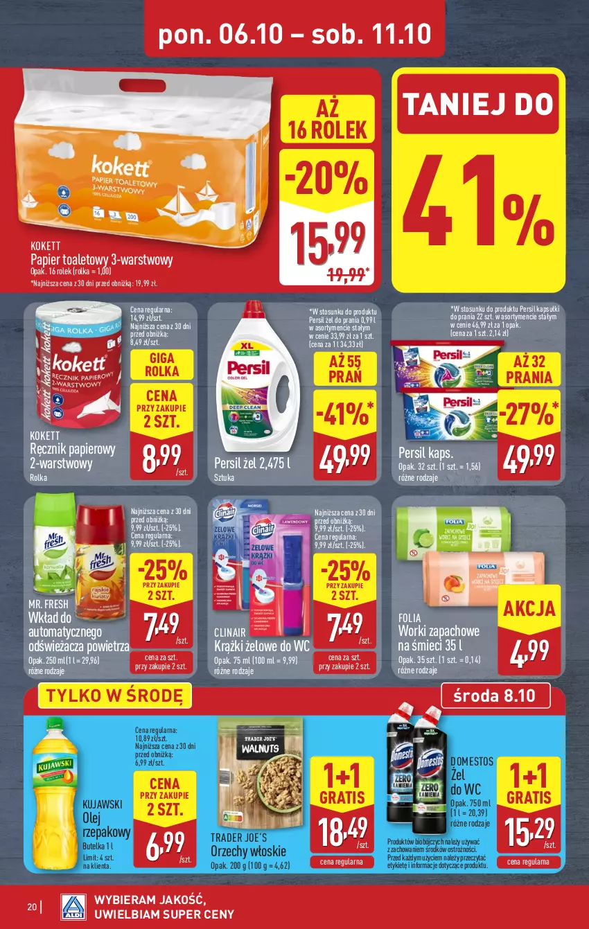 Gazetka promocyjna Aldi - Pełna oferta - ważna 06.10 do 11.10.2025 - strona 20 - produkty: Clin, Domestos, Gra, Kapsułki do prania, Kujawski, Olej, Olej rzepakowy, Orzechy włoskie, Papier, Papier toaletowy, Persil, Ręcznik