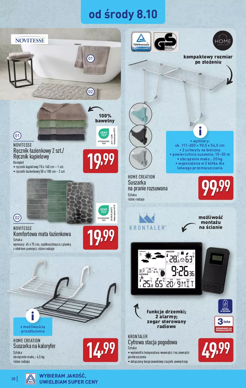 Gazetka promocyjna Aldi - Pełna oferta - ważna 06.10 do 11.10.2025 - strona 28 - produkty: Bezprzewodowy czujnik, Czujnik zewnętrzny, Mata łazienkowa, Ręcznik, Ręcznik kąpielowy, Stacja pogodowa, Suszarka, Suszarka na pranie, Uchwyty, Zegar