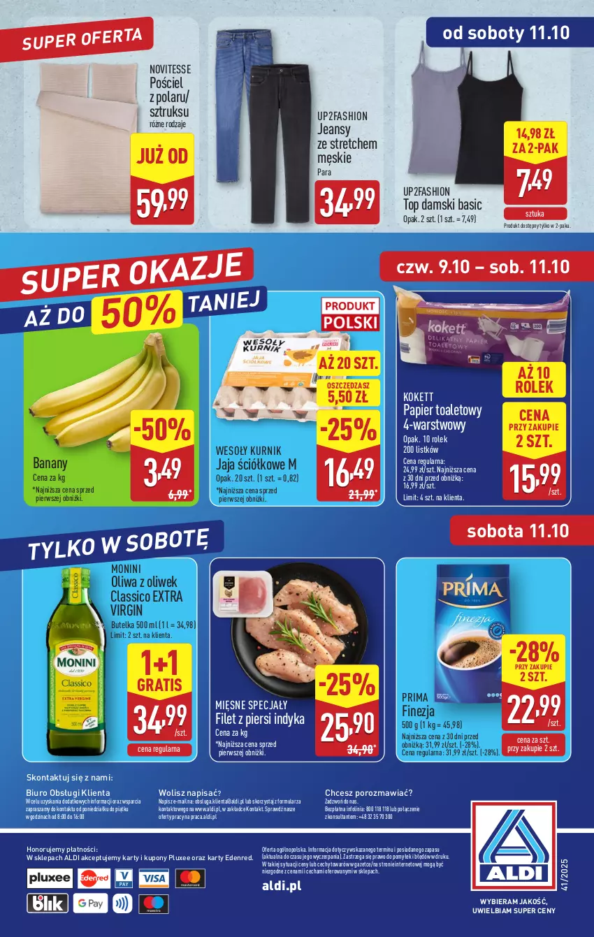 Gazetka promocyjna Aldi - Pełna oferta - ważna 06.10 do 11.10.2025 - strona 40 - produkty: Banany, Biuro, Fa, Filet z piersi indyka, Gin, Gra, Jaja, Mięsne specjały, Monini, O nas, Oliwa, Oliwa z oliwek, Papier, Papier toaletowy, Por, Pościel, Prima, Top