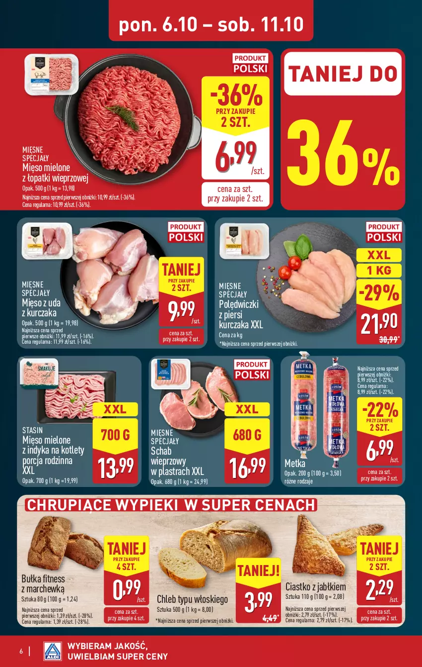 Gazetka promocyjna Aldi - Pełna oferta - ważna 06.10 do 11.10.2025 - strona 6 - produkty: Bułka, Bułka fitness, Chleb, Chleb typu włoskiego, Kotlet, Kurczak, Mięsne specjały, Mięso, Mięso mielone, Mięso mielone z łopatki wieprzowej, Por, Schab wieprzowy