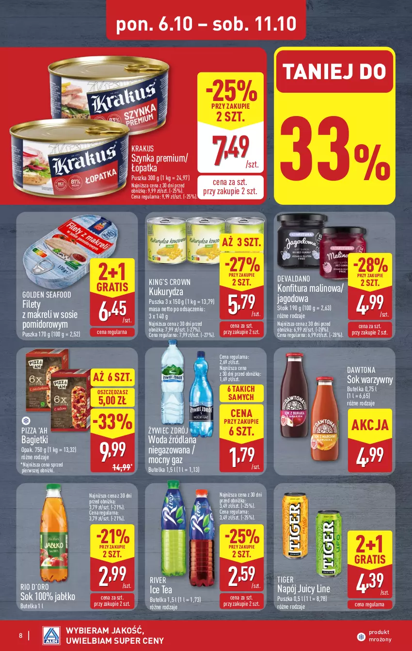 Gazetka promocyjna Aldi - Pełna oferta - ważna 06.10 do 11.10.2025 - strona 8 - produkty: Dawtona, Golden Seafood, Gra, Ice tea, King’s Crown, Konfitura, Krakus, Kukurydza, LANA, Napój, Pizza, Sok, Sos, Szynka, Szynka premium, Tiger, Woda
