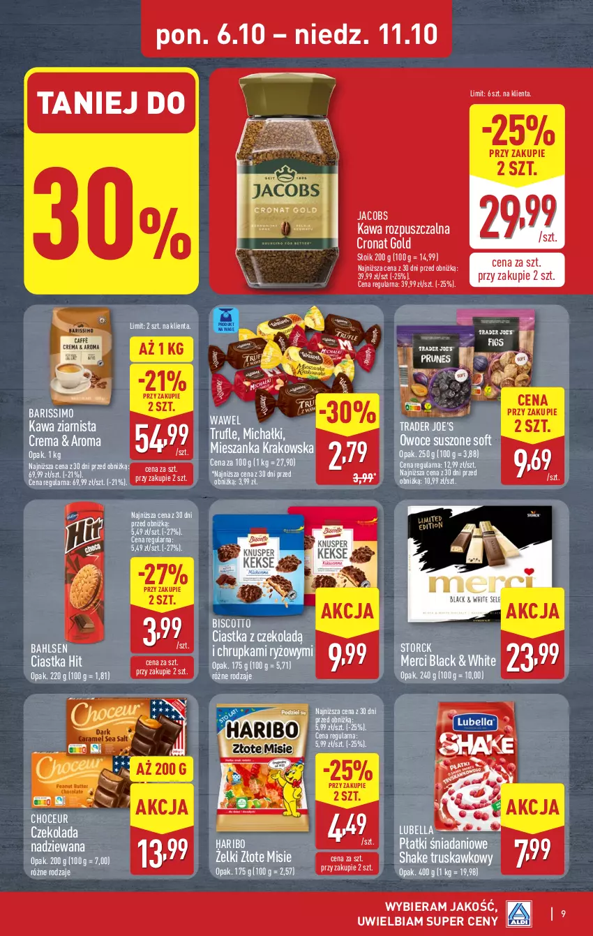 Gazetka promocyjna Aldi - Pełna oferta - ważna 06.10 do 11.10.2025 - strona 9 - produkty: Bell, Bella, Ciastka, Czekolada, Czekolada nadziewana, Danio, Haribo, Jacobs, Kawa, Kawa rozpuszczalna, Kawa ziarnista, Lack, Lubella, Merci, Michałki, Owoce, Owoce suszone, Ryż, Wawel