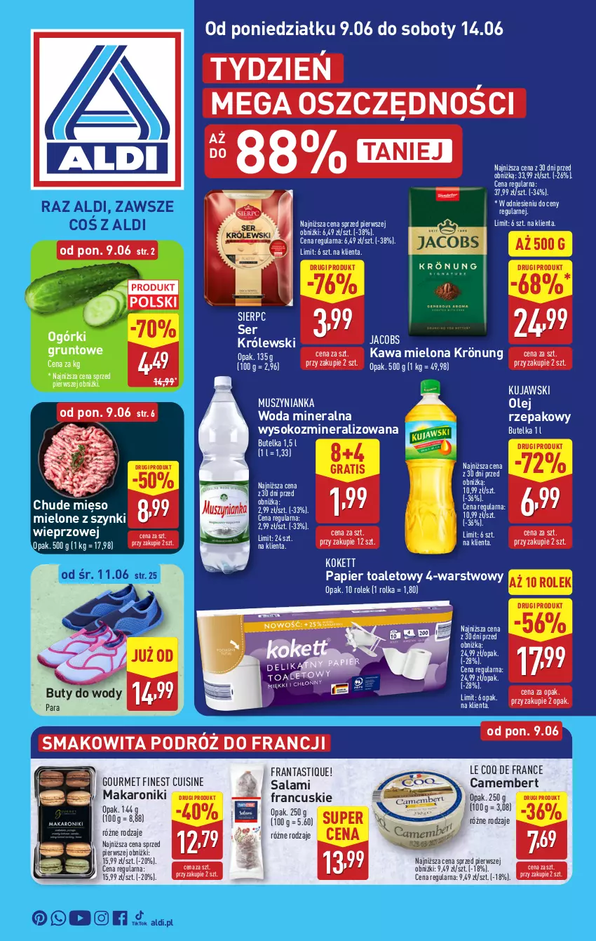 Gazetka promocyjna Aldi - Pełna oferta - ważna 09.06 do 14.06.2025 - strona 1 - produkty: Buty, Buty do wody, Camembert, Gra, Grunt, Jacobs, Kawa, Kawa mielona, Królewski, Kujawski, Makaron, Mięso, Mus, Muszynianka, Olej, Olej rzepakowy, Papier, Papier toaletowy, Salami, Ser, Smakowita, Sok, Woda, Woda mineralna