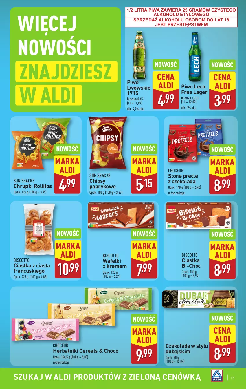 Gazetka promocyjna Aldi - Pełna oferta - ważna 09.06 do 14.06.2025 - strona 15 - produkty: Chipsy, Chrupki, Ciastka, Czekolada, Gra, Herbatniki, Piwa, Piwo, Precle