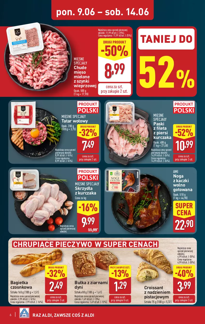 Gazetka promocyjna Aldi - Pełna oferta - ważna 09.06 do 14.06.2025 - strona 6 - produkty: Bagietka, Bagietka czosnkowa, Bułka, Croissant, Kurczak, Mięsne specjały, Mięso, Mięso mielone, Mięso mielone z szynki, Noga z kaczki, Piec, Pieczywo, Tatar wołowy