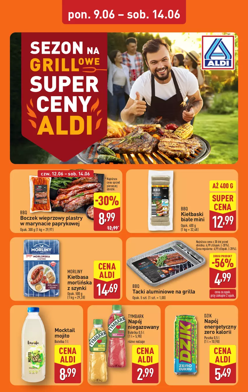 Gazetka promocyjna Aldi - Pełna oferta - ważna 09.06 do 14.06.2025 - strona 8 - produkty: Boczek, Boczek wieprzowy, Grill, Kiełbasa, Kiełbaski białe, Morliny, Napój, Napój energetyczny, Napój niegazowany, Tymbark