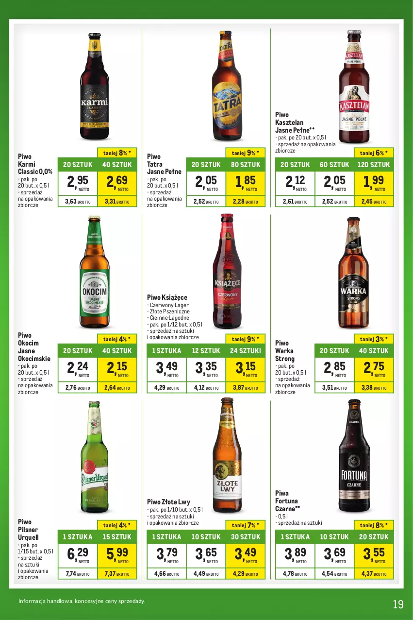 Gazetka promocyjna Makro - Kupujesz więcej płacisz mniej - oferta z alkoholem - ważna 27.12.2023 do 22.01.2024 - strona 19 - produkty: Fortuna, Karmi, Kasztelan, Koc, Książęce, Okocim, Pilsner Urquell, Piwa, Piwo, Tatra, Warka