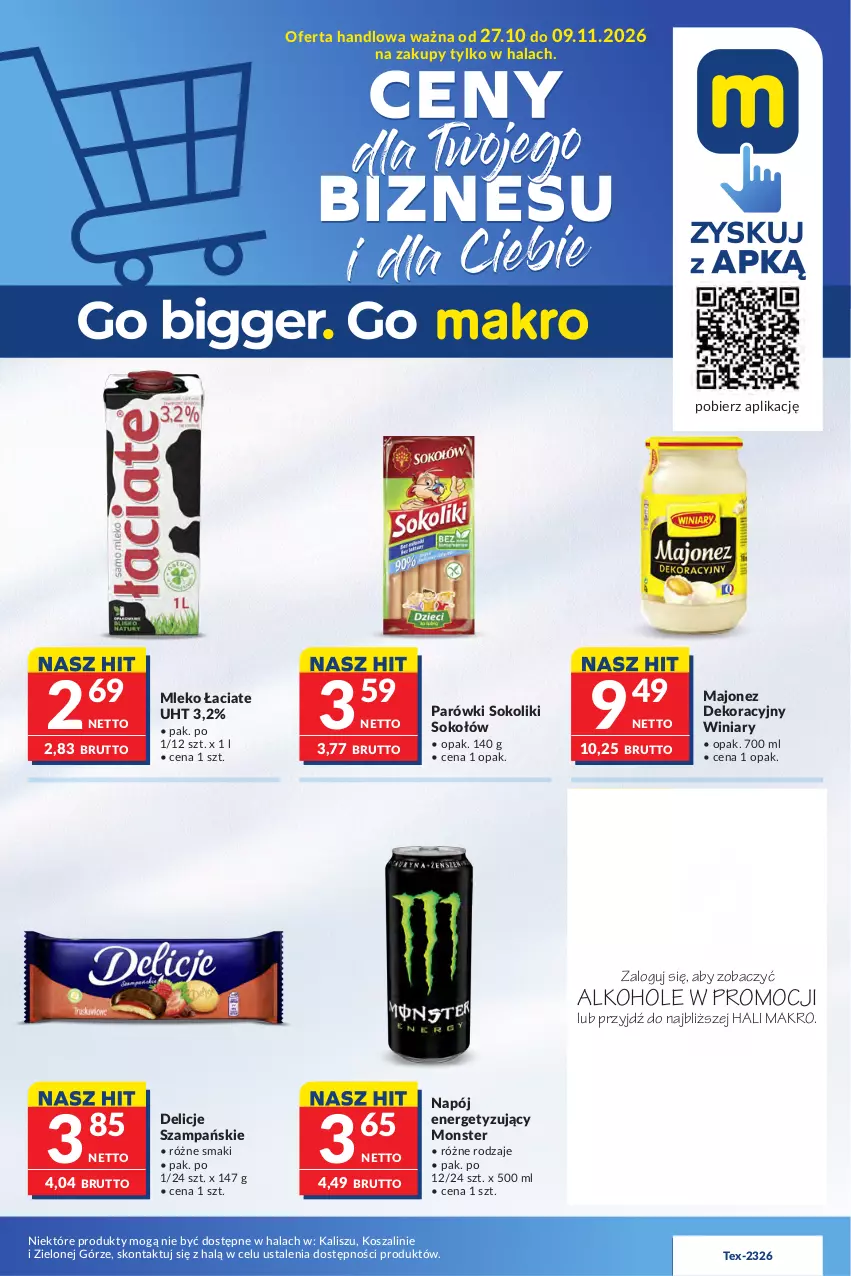Gazetka promocyjna Makro - Mega oferty dla Twojego Sklepu - ważna 27.10 do 09.11.2026 - strona 1 - produkty: Alkohole, Delicje, Gra, JBL, Kosz, Majonez, Mleko, Napój, Parówki, Parówki sokoliki, Piwo, Sok, Sokołów, Szal, Winiary