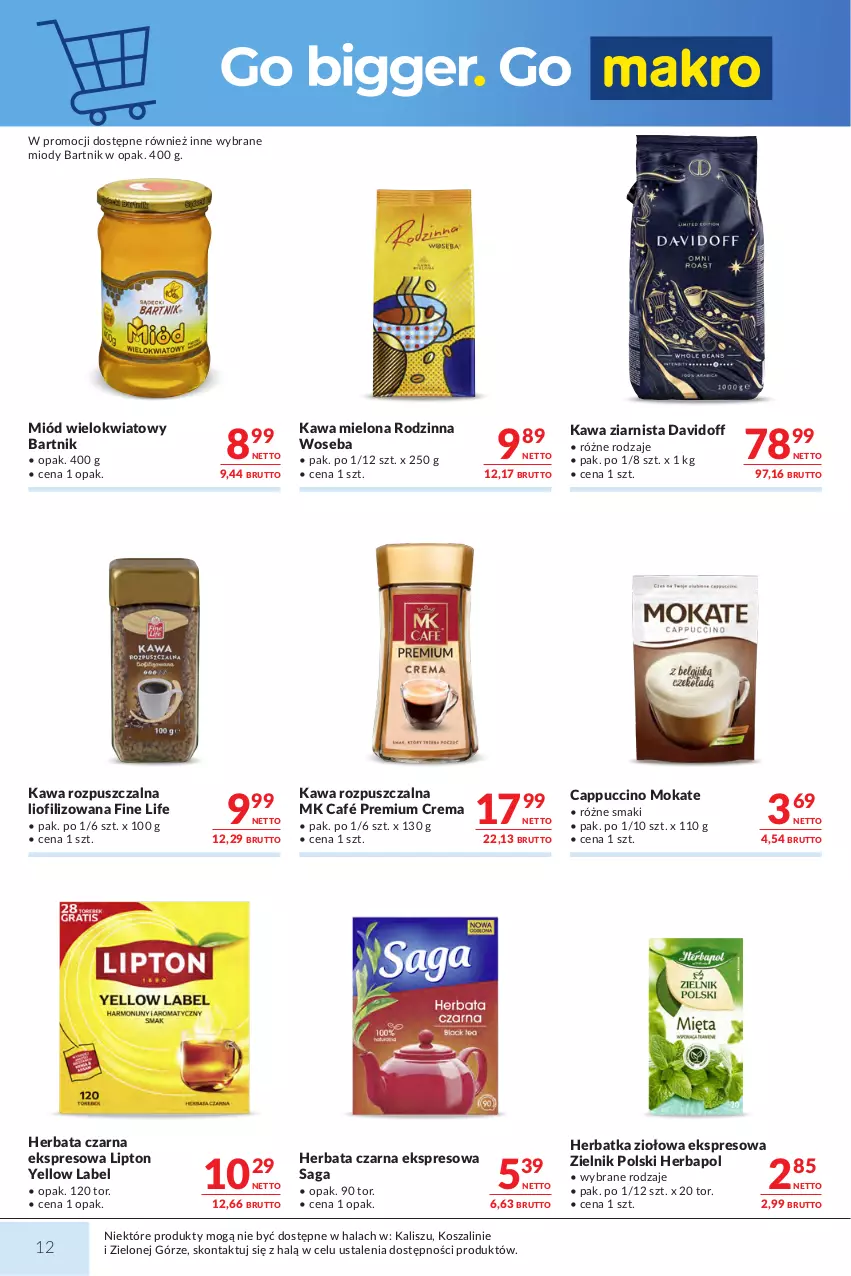 Gazetka promocyjna Makro - Mega oferty dla Twojego Sklepu - ważna 27.10 do 09.11.2026 - strona 12 - produkty: Cappuccino, Davidoff, Herbapol, Herbata, Herbata czarna, Kawa, Kawa mielona, Kawa rozpuszczalna, Kawa ziarnista, Kosz, Lipton, Miód, Saga, Szal, Woseba