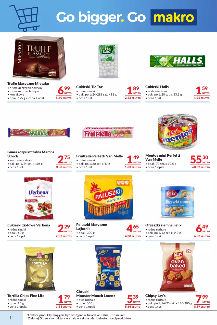 Gazetka promocyjna Makro - Mega oferty dla Twojego Sklepu - ważna 27.10 do 09.11.2026 - strona 14 - produkty: Chipsy, Chrupki, Cukier, Cukierki, Felix, Guma rozpuszczalna, Halls, Kosz, Lajkonik, Lay’s, Lorenz, Mamba, Mentos, Monster Munch, Orzeszki, Orzeszki ziemne, Szal, Tortilla, Tortilla Chips
