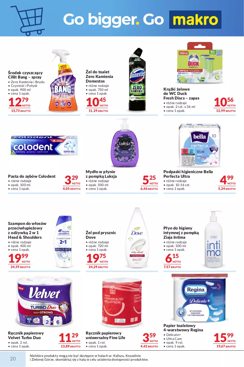 Gazetka promocyjna Makro - Mega oferty dla Twojego Sklepu - ważna 27.10 do 09.11.2026 - strona 20 - produkty: Bell, Bella, Cillit Bang, Domestos, Dove, Duck, Gin, Kosz, Luksja, Mydło, Mydło w płynie, Papier, Papier toaletowy, Pasta do zębów, Perfecta, Płyn do higieny intymnej, Podpaski, Ręcznik, Szal, Szampon, Velvet, Ziaja