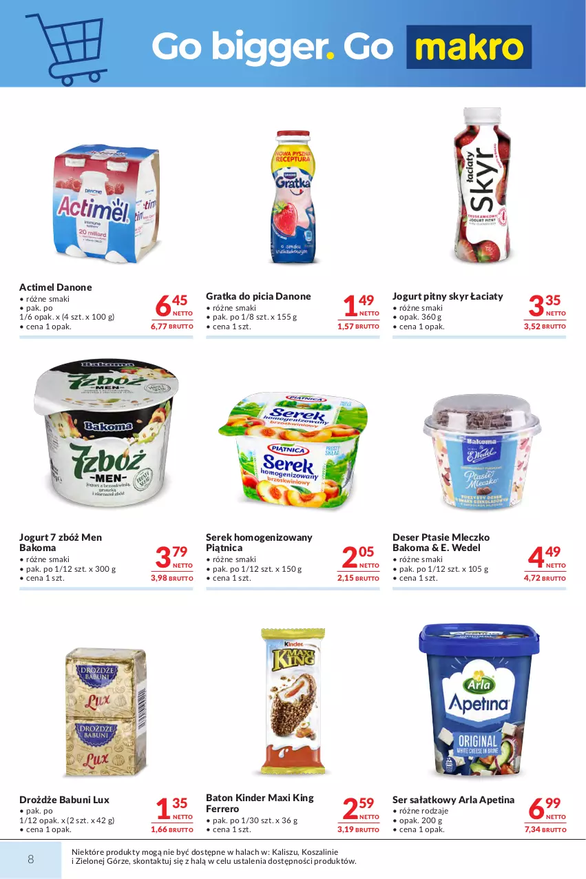 Gazetka promocyjna Makro - Mega oferty dla Twojego Sklepu - ważna 27.10 do 09.11.2026 - strona 8 - produkty: Actimel, Babuni, Bakoma, Baton, Danone, Deser, Drożdże, E. Wedel, Ferrero, Gra, Jogurt, Jogurt pitny, Kinder, Kosz, Mleczko, Piątnica, Ptasie mleczko, Sałat, Ser, Serek, Serek homogenizowany, Szal