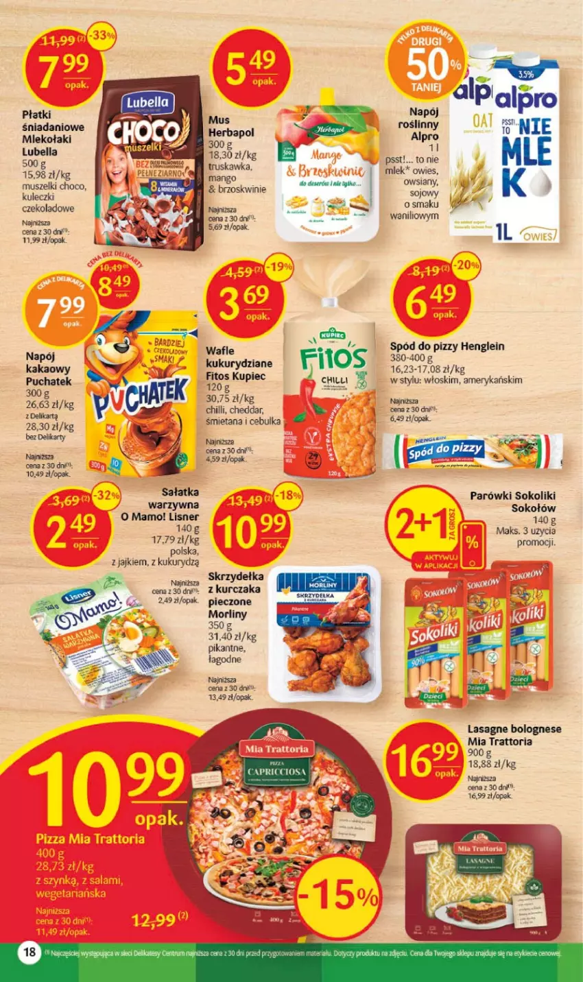 Gazetka promocyjna Delikatesy Centrum - Gazetka DC14 - ważna 11.04 do 19.04.2023 - strona 18 - produkty: Bell, Bella, Brzoskwinie, Cheddar, Danio, Herbapol, Kakao, Kupiec, Kurczak, Lasagne, Lasagne bolognese, Lisner, Lubella, Mleko, Morliny, Mus, Napój, Parówki, Parówki sokoliki, Piec, Rum, Sałat, Sałatka, Sałatka warzywna, Sok, Sokołów, Spód do pizzy