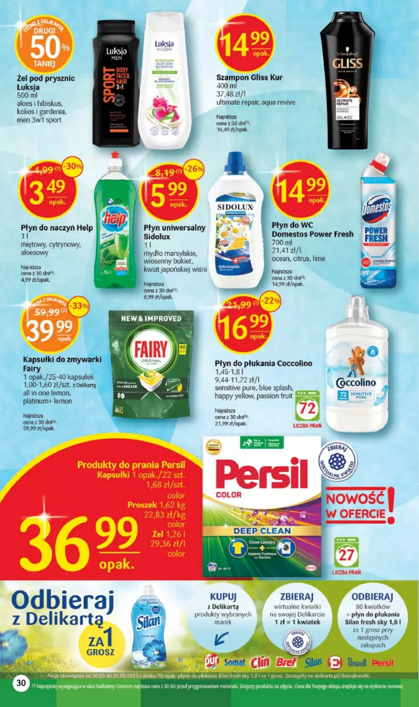 Gazetka promocyjna Delikatesy Centrum - Gazetka DC14 - ważna 11.04 do 19.04.2023 - strona 30 - produkty: Bukiet, Coccolino, Domestos, Gliss Kur, Hibiskus, Kokos, Luksja, Mars, Mydło, Płyn do płukania, Płyn do wc, Por, Pur, Rum, Sidolux, Silan, Sport, Szampon