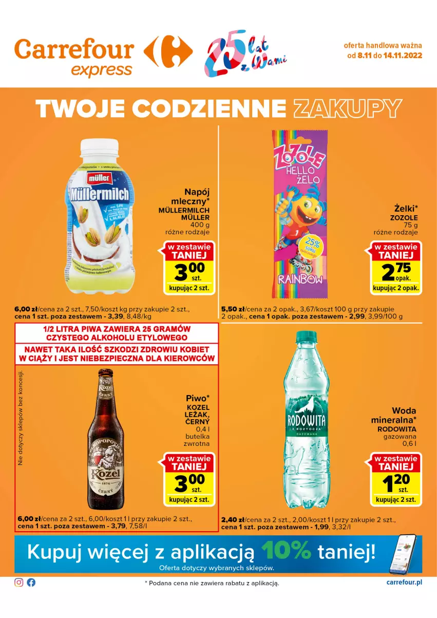 Gazetka promocyjna Carrefour - Gazetka Express - ważna 08.11 do 14.11.2022 - strona 1 - produkty: Kosz, Napój, Napój mleczny, Piwo, Woda