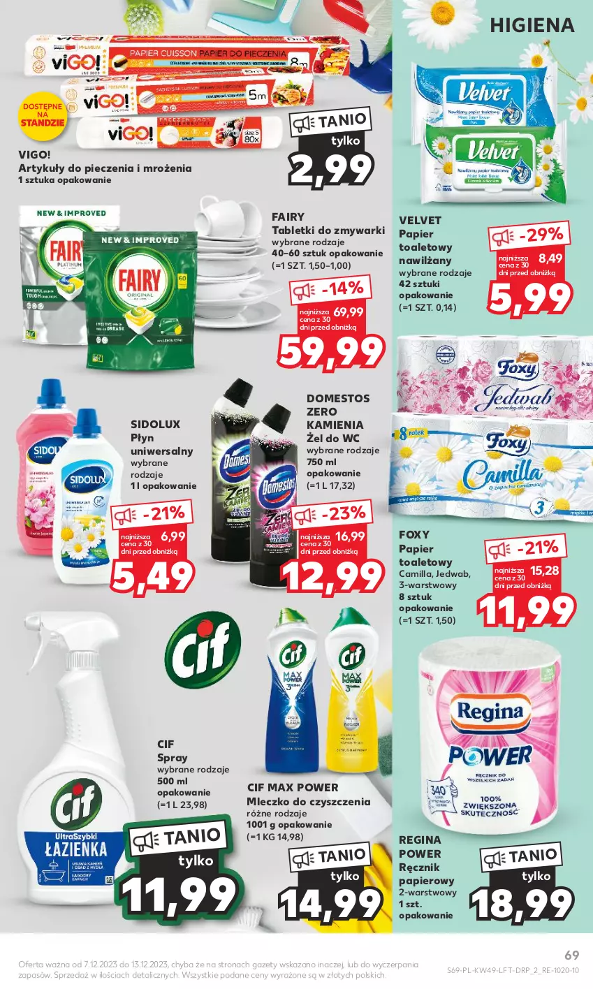 Gazetka promocyjna Kaufland - Gazetka tygodnia - ważna 07.12 do 13.12.2023 - strona 69 - produkty: Cif, Domestos, Fa, Fairy, Foxy, Gin, Mleczko, Papier, Papier toaletowy, Piec, Ręcznik, Sidolux, Tablet, Tabletki do zmywarki, Velvet, Zmywarki