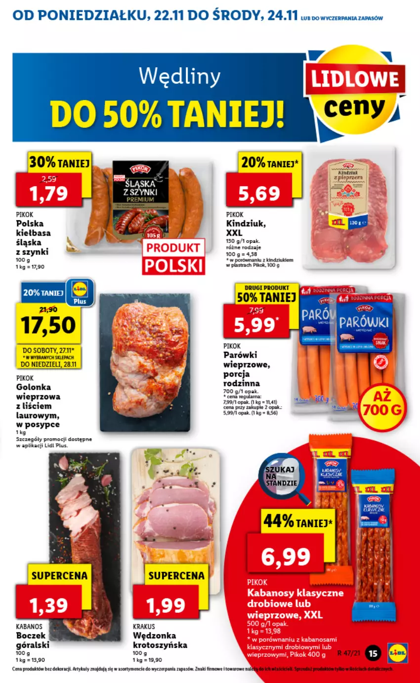 Gazetka promocyjna Lidl - GAZETKA - ważna 22.11 do 24.11.2021 - strona 15 - produkty: Boczek, EPEE, Fa, Kabanos, Kiełbasa, Kindziuk, Laur, Parówki, PIKOK, Por