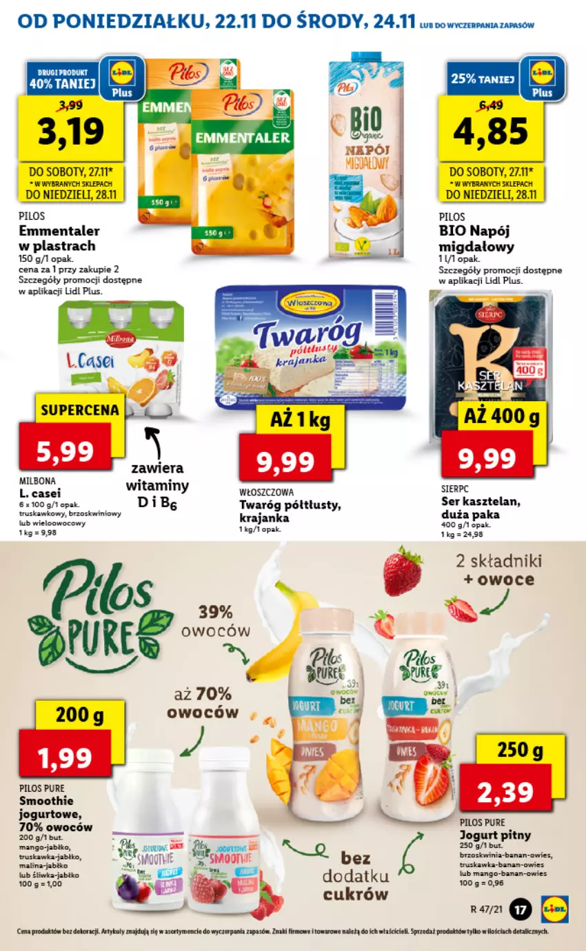 Gazetka promocyjna Lidl - GAZETKA - ważna 22.11 do 24.11.2021 - strona 17 - produkty: Brugi, Emmental, Fa, Jogurt, Jogurt pitny, Kasztelan, Mango, Napój, Owoce, Pilos, Pur, Rama, Ser, Ser Kasztelan, Twaróg, Twaróg półtłusty