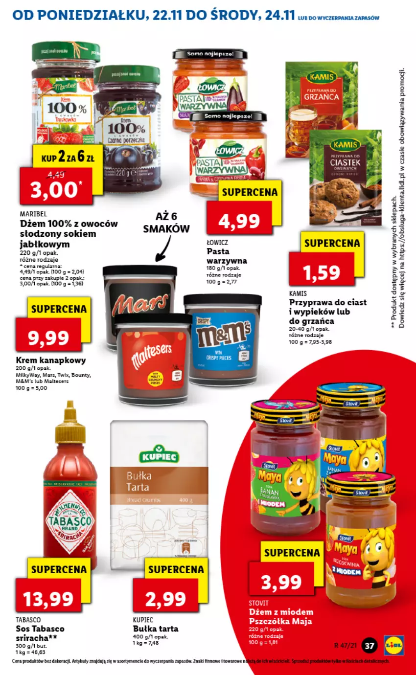 Gazetka promocyjna Lidl - GAZETKA - ważna 22.11 do 24.11.2021 - strona 37 - produkty: Bułka, Bułka tarta, Dżem, Mars, Ser, Sok, Tarta, Twix